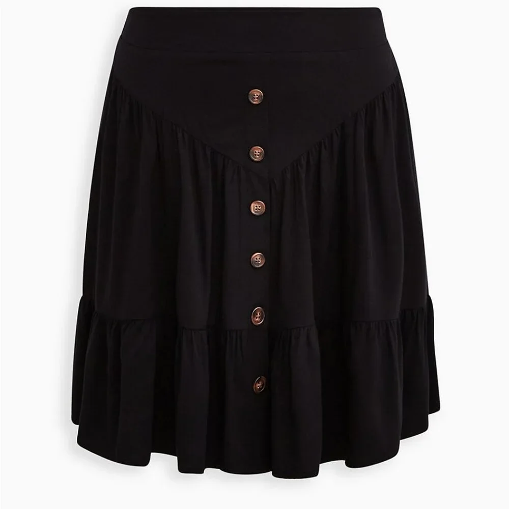 GOTH TORRID GOTH 80'S BUTTON FRONT TIERED MINI SKIRT - CHALLIS BLACK 1 1X 14 16 - Picture 1 of 5